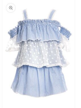 Girls Blue Striped & Polka Dot Cold-Shoulder Dress